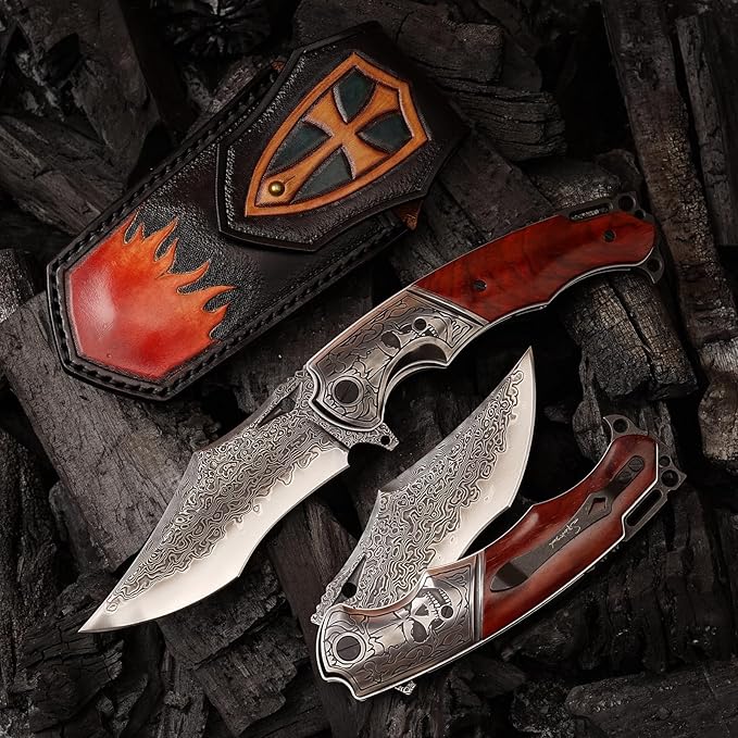 VG10 Core Damascus Steel Folding Knife Suitable for EDC, 4.13 "rosewood Handle, Lined Lock, Outdoor Survival Camping, Suitable for Men and Women