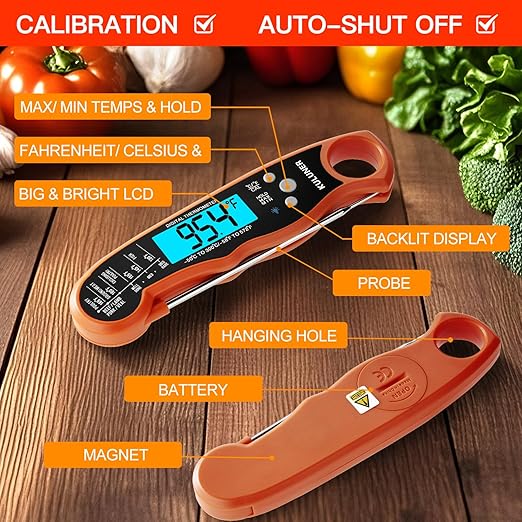 KULUNER TP-01 Waterproof Digital Instant Read Meat Thermometer with 4.6 Folding Probe Backlight Calibration Function for Cooking Food Candy, BBQ Grill, Liquids,Beef(Orange)