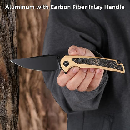 EDC Pocket Knife, 3.6" 14C28N Clip Point Folding Knife, Aluminium With Steel Inlay Handle and Liner Lock, Camping Hiking Hunting Outdoor Knives