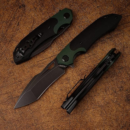 D2 Steel Folding Knife - 9CM Black Tactical Blade, G10 Handle, Pocket Clip - EDC Camping, Survival, Hunting - 60-61HRC, Vacuum Heat Treated, Stonewash Finish