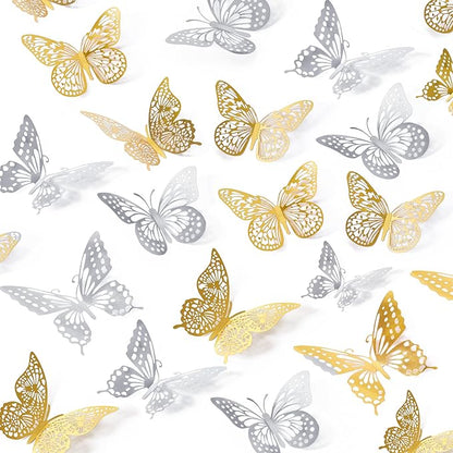 SAOROPEB 3D Butterfly Wall Decor 48 Pcs 4 Styles 3 Sizes, Butterfly Birthday Decorations Party Decorations Cake Decorations Wedding Decor, Removable Stickers (Gold, Silver)