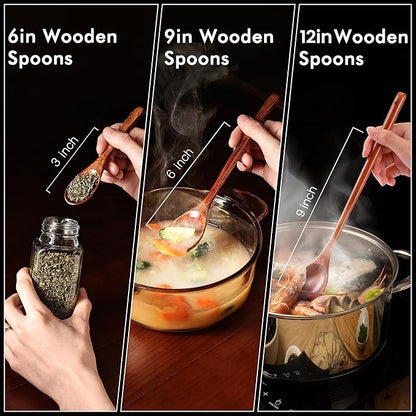6pcs 9in Wooden Spoons, Soup Spoons Set, Long Handle Wooden Utensils