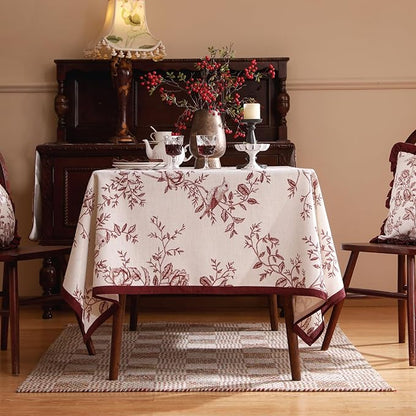ISAENNE Designer Vintage Linen Small Square Tablecloth,Red Floral Pattern Linen Stain Resistant Table Cloth,Decor Tablecloths for Dining Thanksgiving Kitchen Tea Party,55"*55"-Harmony