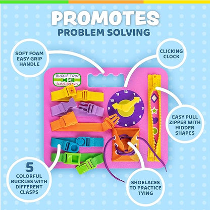 Buckle Toys Busy Board - Montessori Learning Toy for Toddlers - Foam Sensory Board - Develop Fine Motor Skills - Pink