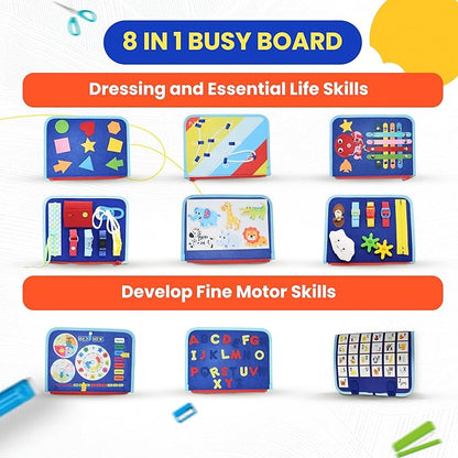 Montessori Busy Board for Toddlers, Sensory Creative Activity Toy for Fine Motor Skills Development, Educational Travel Companion for Boys & Girls, Rainbow Safari.