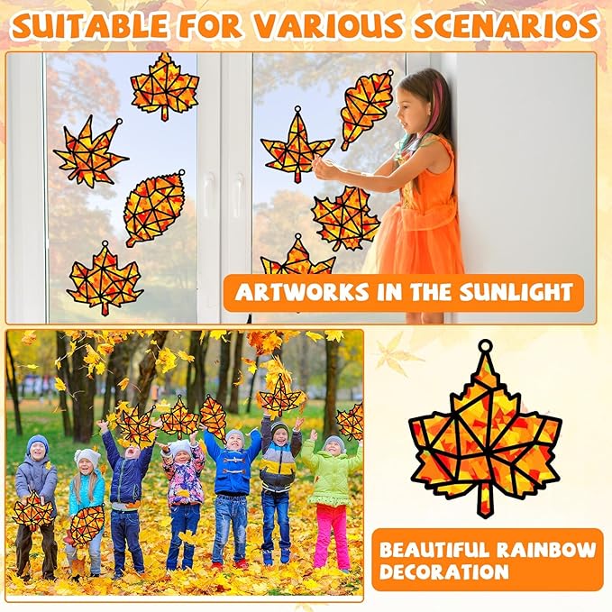 32 Sets Fall Maple Leaf Suncatchers Craft Kit DIY Window Stained Glass Effect Autumn Maple Leaf Paper Crafts Home School Classroom Decoration Kid Birthday Gift Creative Art Project Activity Game