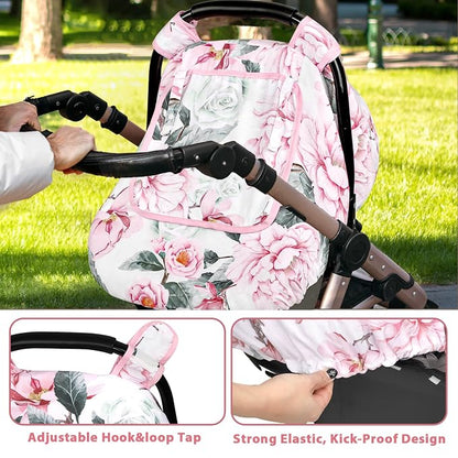 Pea Pod Car Seat Cover for Baby Girls, Floral Infant Car Seat Canopy Cover for Newborn, with 2 Layers Windows of Breathable Mesh/Fabric, 3D Minky Dot Backing, Ultra Soft & Comfortable