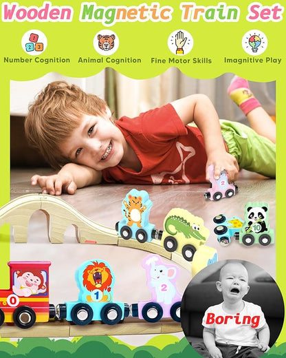 11 Pcs Magnetic Train Set Montessori Toys for 1 2 3 Years Old Toddlers Boys Girls, Wooden Animals Preschool Learning Activities Educational Sensory Toys Birthday Gifts Ages 1-3, 2-4