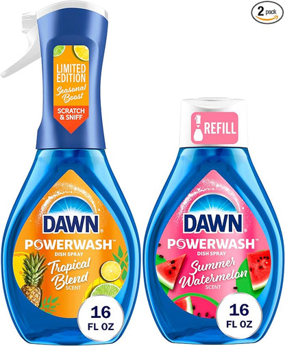 Dawn Dish Soap Spray Kitchen Household Essentials 1 Tropical Blend Starter Kit and Watermelon Refill Combo Pack, 16 oz (each)