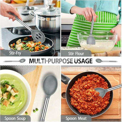 Pack of 4 Large Silicone Cooking Spatulas and Spoons, Slotted and Solid