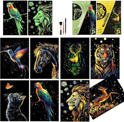 Scratchboard Art for Adult Luminous Scratch Painting Kits, A5 Scratch Art Rainbow Painting Paper 8 Sheet with 4 Tools, Scratchboard for Teens & Adults, Fun Creative Craft Toy/Gifts/Decor, Animals