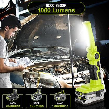 YEX-BUR LED Work Light for Ryobi 18V Battery, 12W 1000LM Protable Flashlight with Low Voltage Protection 270° Rotating Wide-Angle Lighting for Workshop, Camping, Outdoor