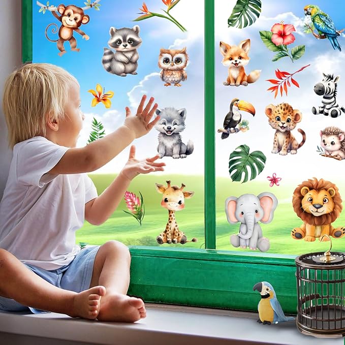38 Animal Window Clings, Cute Elephant, Monkey, Bird Window Stickers, Perfect for Parties, Decorating Rooms, Living Rooms, Kitchens, bathrooms, refrigerators, Tile Stickers