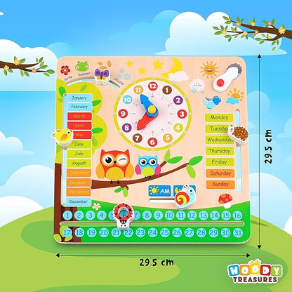 Montessori Wooden Toys Kids Clock - Wooden Toy for 3 Year Olds - Unique Learning Toy for Toddlers Learn About Seasons, Months, Days of Week, Time Telling - Educational and Fun