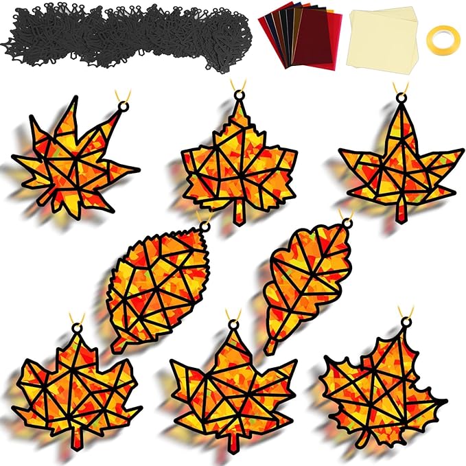 32 Sets Fall Maple Leaf Suncatchers Craft Kit DIY Window Stained Glass Effect Autumn Maple Leaf Paper Crafts Home School Classroom Decoration Kid Birthday Gift Creative Art Project Activity Game
