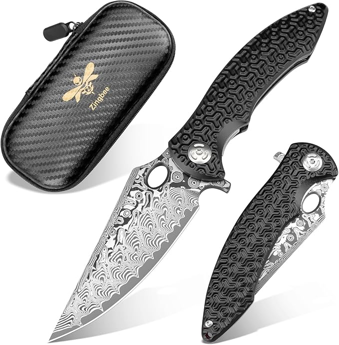 Pocket Knife for EDC Damascus Pocket Knife with Black Aluminum Handle 3.3" Damascus Blade Pocket knives & Folding Knives
