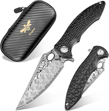 Pocket Knife for EDC Damascus Pocket Knife with Black Aluminum Handle 3.3" Damascus Blade Pocket knives & Folding Knives