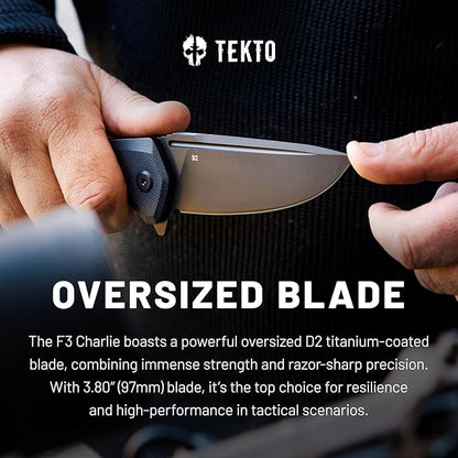 F3 Charlie Button Lock Folding Knife, Oversized Fine Edge Blade, Tactical Black G10 Handle - Easy Open Pocket Knife with Titanium Coated D2 Steel & Black Titanium Barrel Spacers