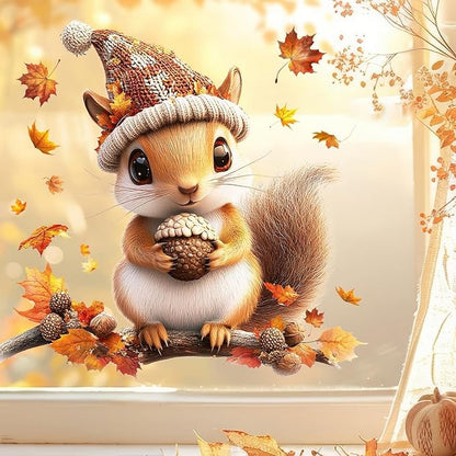 1 Sheet Fall Window Stickers Cute Squirrel Pine Cones Designs Double-Sided Cartoon Animal Decal Fall Leaves Window Clings Autumn Window Clings for Glass Windows for Home School Party Supplies