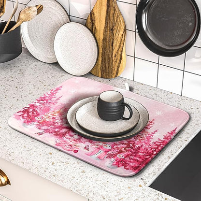 Pink Winter Dish Drying Mat Forest Washable Drying Matt Kitchen Counter