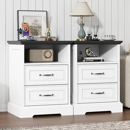 Nightstand with Charging Station, Rustic Farmhouse Wood Small Dresser, Bedside