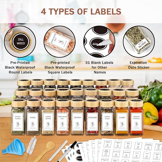 Aliggbent Spice Jars with Lable, Spice Containers Bottles, Glass Seasoning Jars
