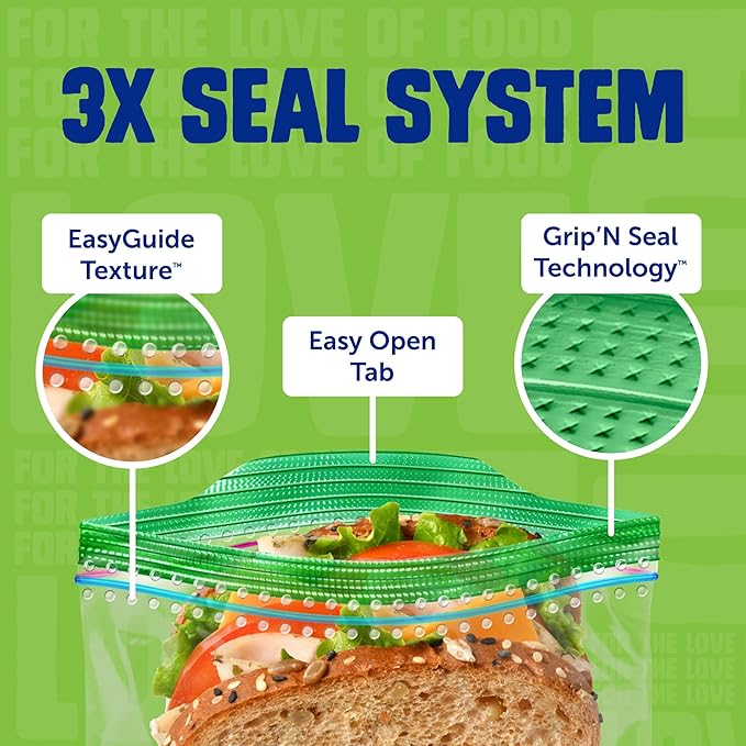 Ziploc XL Sandwich and Snack Bags with EasyGuide Texture, Plastic Storage Bags with Grip 'n Seal Technology, 30 Bags Total