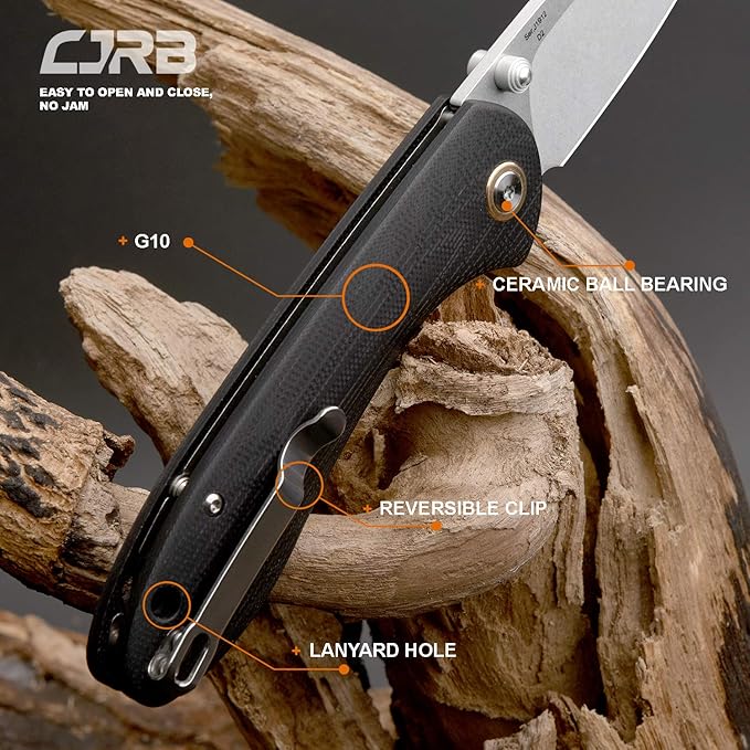 CJRB Folding Knife Feldspar Pocket Folding Knife Stonewash D2 Steel Blade G10 Tactical Handle EDC Knife Black Handle(J1912)