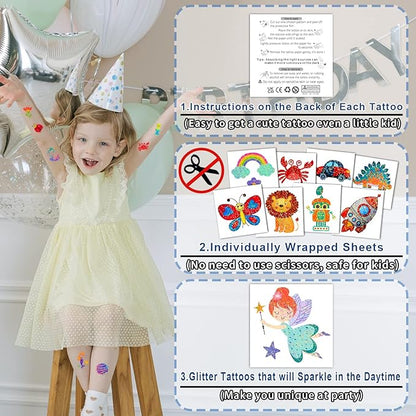 Partywind 204 Glitter Styles Individually Wrapped Sheets Kids Fake Tattoos, Birthday Surprise for Boys and Girls Party Supplies Favors, Waterproof Tattoo Stickers for Goodie Bag Stuffers