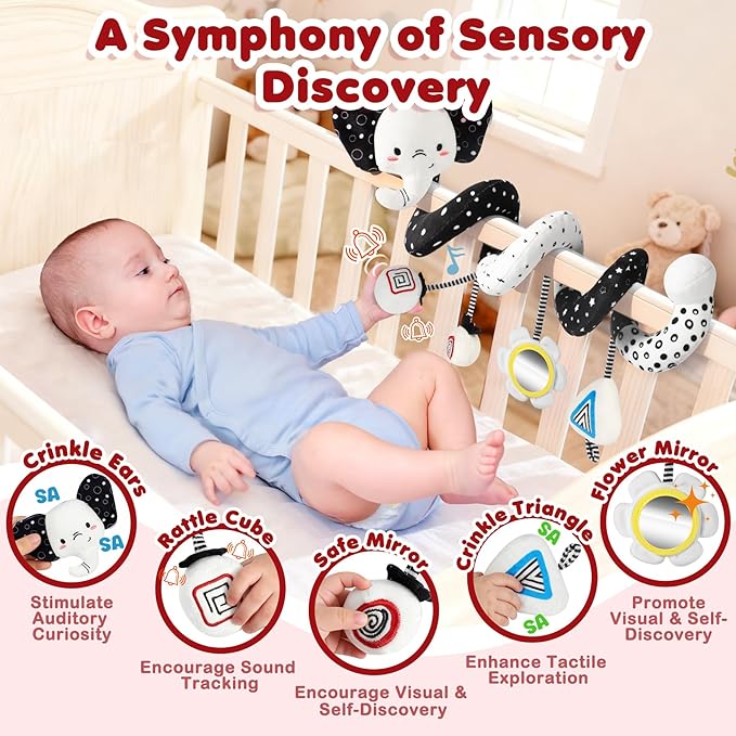 URMYWO Spiral Car Seat Toys for Babies 0-6 Months, Black and White Baby Toys, High Contrast Baby Toys for Newborn, Hanging Toy Fits Stroller, Shower Gift for Boys Girls