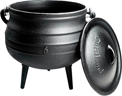 Cuisiland 14QT Cast Iron Potjie Cauldron Pot with Lid & 3 Legs – Pre-Seasoned South African-Style Campfire Pot for Outdoor Cooking, Soups, Stews & Braising – Heavy-Duty Cast Iron Dutch Oven