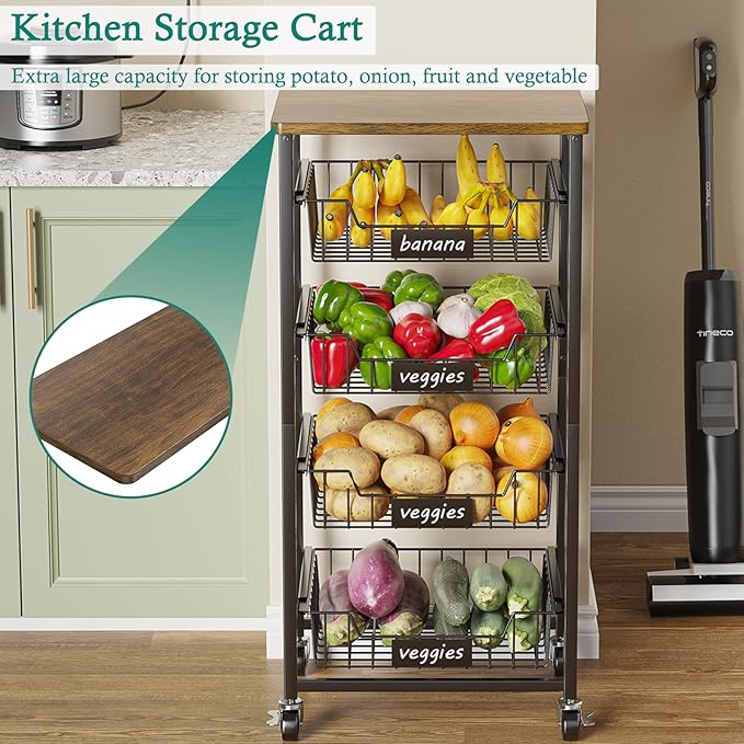 Kitchen Storage Cart with Wheels, 5-Tier Metal Utility Rolling Cart Fruit