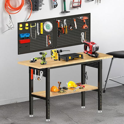 60“ Adjustable Height Workbench Work Bench for Garage Work Table with Under Table Shelf Heavy Duty Rubber Wood Top for Shop Woodworking, Office, Home, Commercial