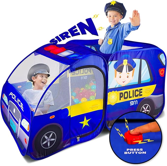 Police Car Pop Up Play Tent with Sound Button for Kids, Toddlers, Boys, Girls, Indoors & Outdoors – Playhouse for Interactive Fun - Foldable, Quick Setup Pretend Play Toys & Gift