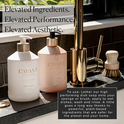 L'AVANT Collective The Sink-Side Care Duo, Natural Luxury Dish Soap 16 Fl Oz with Moisturizing Hand Lotion 10 Fl Oz, Plant-Based Formulas in Refillable Glass Pump Bottles, Blushed Bergamot
