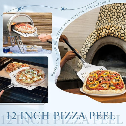 Aluminum Pizza Peel Spatula Set, HaSteeL 12 Inch Pizza Paddle Shovel, 14 Inch Metal Pizza Cutter Rocker, Pizza Oven Accessories Tools for Cooking Baking Turning Cutting, Detachable Handle, Perforated
