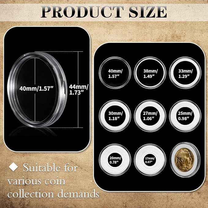 63PCS Silver Dollar Coin Holder, Clear Coin Capsules, Coin Holders for Collectors, Plastic Coin Case for Morgan Silver Dollar, Coin Protectors with Adjustable Gasket (17/20/25/27/30/33/38/40mm)