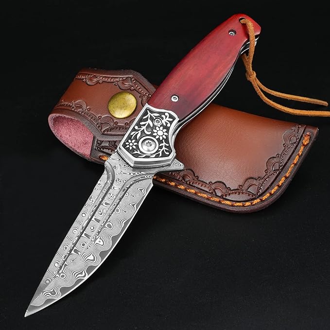 KOMWERO Damascus Pocket Knife, VG10 Damascus Steel Folding Knife with Wood Handle, Leather Sheath, Liner Lock, EDC Knife for Outdoor Survival Hunting Collection