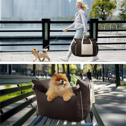 Lesure Small Dog Car Seat for Small Dogs - Soft Dog Booster Seat for Car with Storage Pocket and Clip-On Safety Leash and Thickened Memory Foam Filling, Pet Travel Carrier Bed Brown