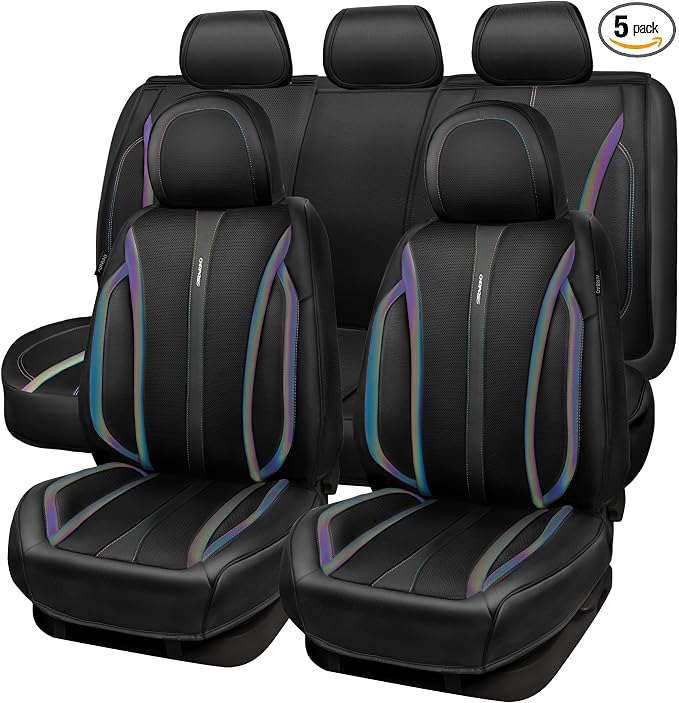 CAR PASS Nappa Leather Car Seat Covers, Durable Waterproof Luxury Universal for SUV Pick-up Truck Sedan, Anti-Slip Driver 5 Seats Covers Full Set with Backrest (Black Chameleon Iridescent Reflective)