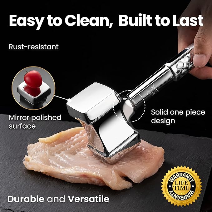 Stainless Steel Meat Tenderizer Tool, Premium Meat Mallet with Non-Slip Grip, Dual-sided Kitchen Mallet Ideal for Tenderizing Steak, Poultry & Chicken Cutlet, Dishwasher Safe with Lifetime Replacement