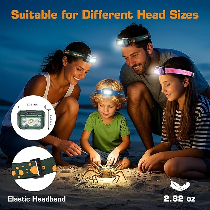 EverBrite Rechargeable Headlamp, 2 Pack Kids Headlamp with White/Red/Green Light and Memory Function, Head Lamp for Adult and Kid with 5 Modes, 120° Adjustable LED Headlamp for Camping, Running-Green