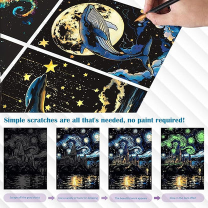 Scratchboard Art for Adult Luminous Scratch Painting Kits, A5 Scratch Art Rainbow Painting Paper 8 Sheet with 4 Tools, Scratchboard for Teens & Adults, Fun Creative Craft Toy/Gifts/Decor, Dreams
