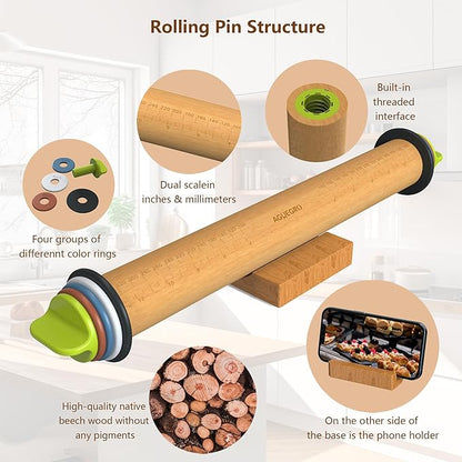Rolling Pin with Adjustable Thickness Rings and Pastry Baking Mat Dough