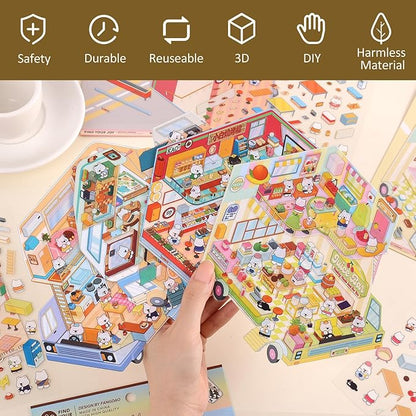 Girls 3D Miniature Scene Stickers,4 Sets Mobile Home DIY House Stickers for Cooking Car,Barbecue Car,VC Energy Car,Camping Car,Cute 3D Cartoon Scene Stickers for Adult Kids Relief Stress Pass The Time