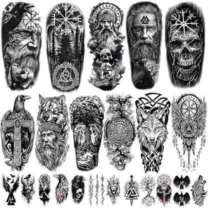 77 Sheets Temporary Tattoo for Women Men, 17 Sheets Half Arm Black Scary Lion Wolf Tiger Skull Skeleton Fake Tattoos, 60 Sheets Ealge Tribal Tiny for Adult Kids Body Tattoos Stickers Realistic