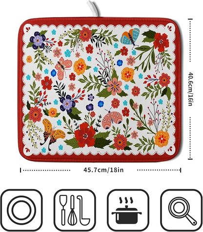 Flowers Printed Dish Drying Mat Floral Coffee Mat