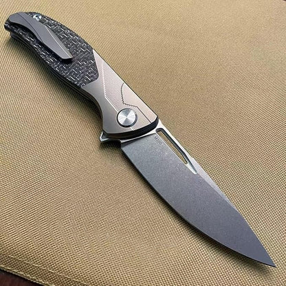 3.75" Customized Pocket knife Frame lock Folding knives Stonewash M390 Blade with Titanium+Carbon Fiber Handle Gift for Husband Son