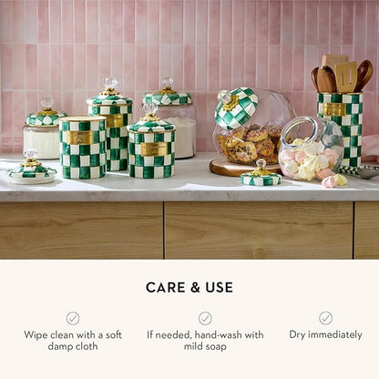 MACKENZIE-CHILDS Medium Enamel Canister, Kitchen Storage Container with Lid, Green-and-White Emerald Check