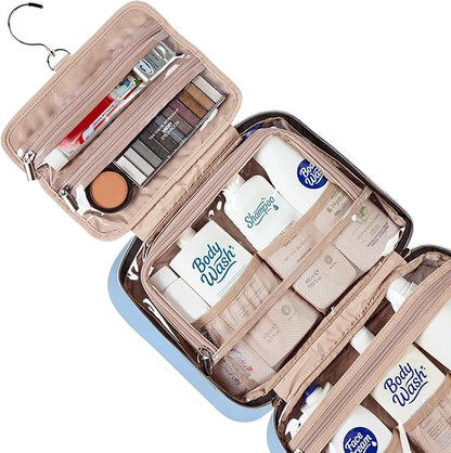 NISHEL Travel Toiletry Bag for women, Portable Hanging Organizer for Full-Sized Shampoo, Conditioner, Brushes Set, Makeup Accessories, Large Size, Placid-Blue